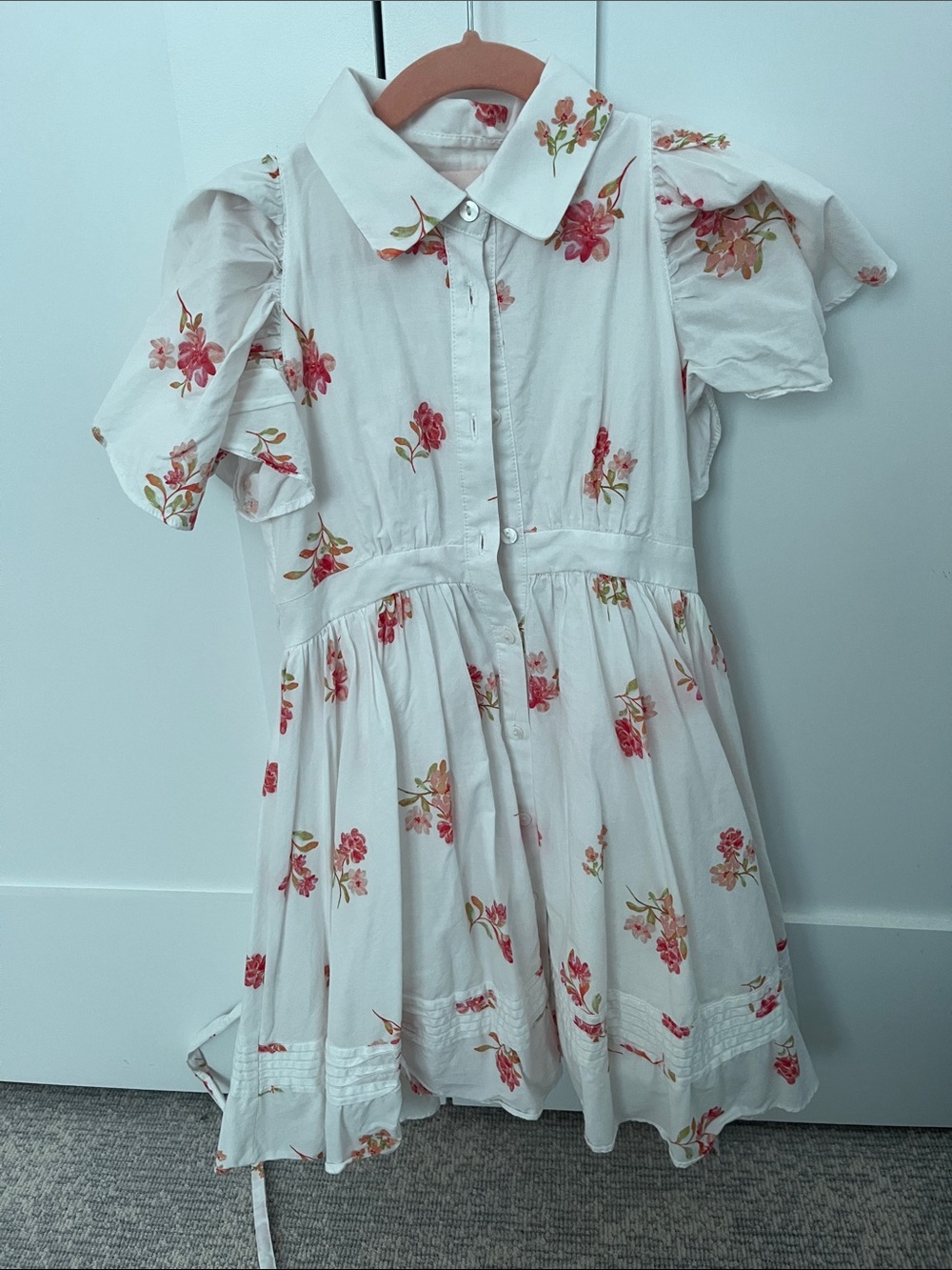 White Floral Button-Front Girls' Dress with Puff Sleeves